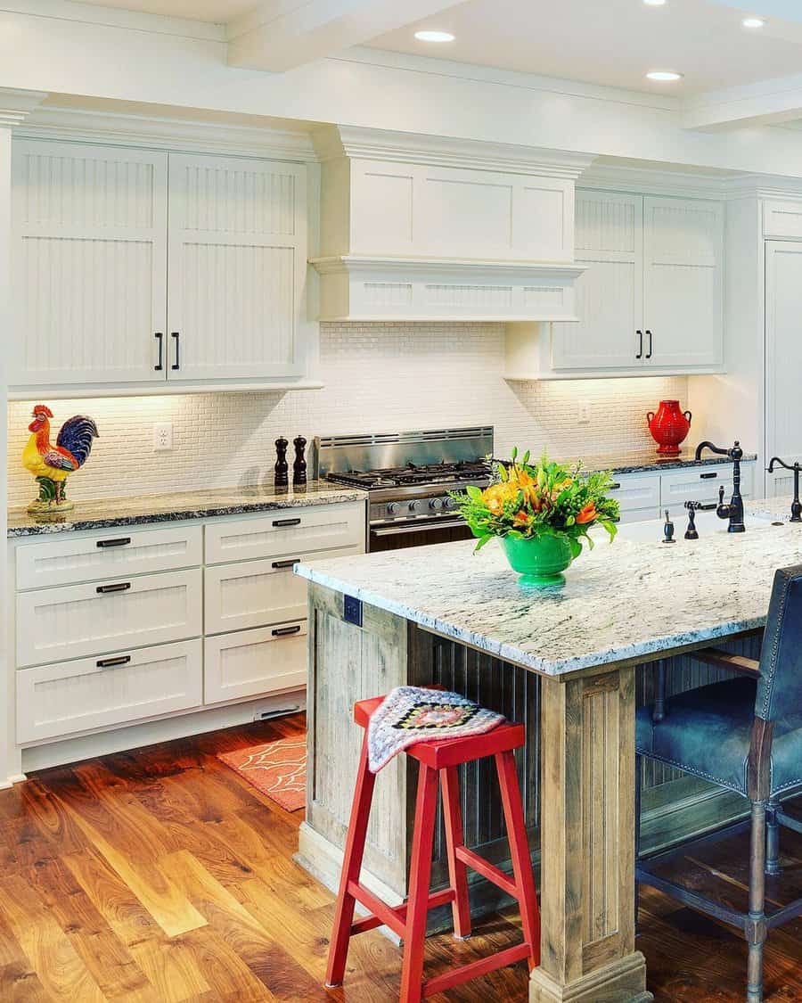 White beadboard kitchen cabinets