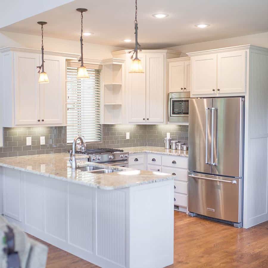 White beadboard kitchen cabinets
