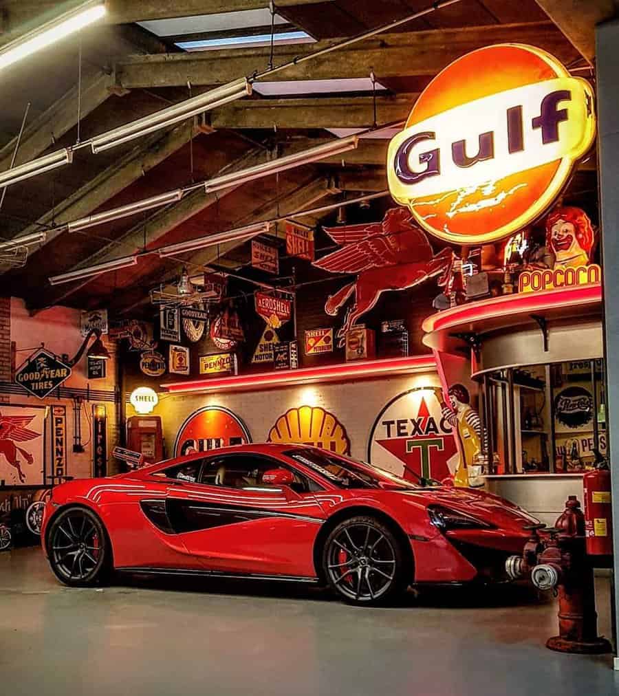 Car-themed garage man cave 
