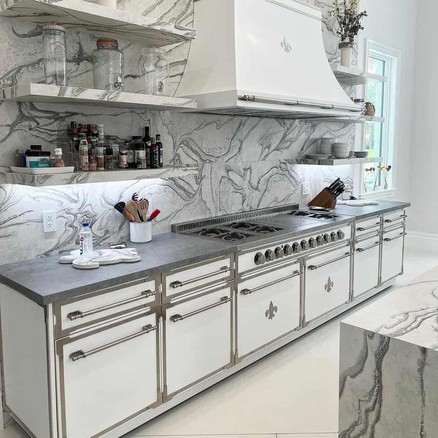 White cabinets with metallic frame