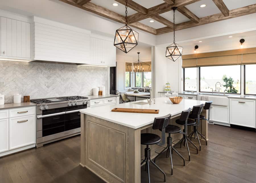 Geometric Kitchen Island Pendant Lighting Ideas 2 Rustic chic kitchen with geometric pendants and wood beams
