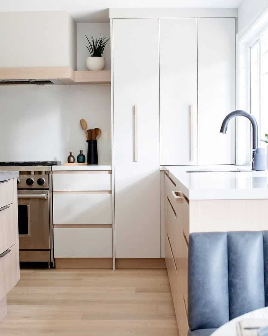 White kitchen cabinets with gold metalware