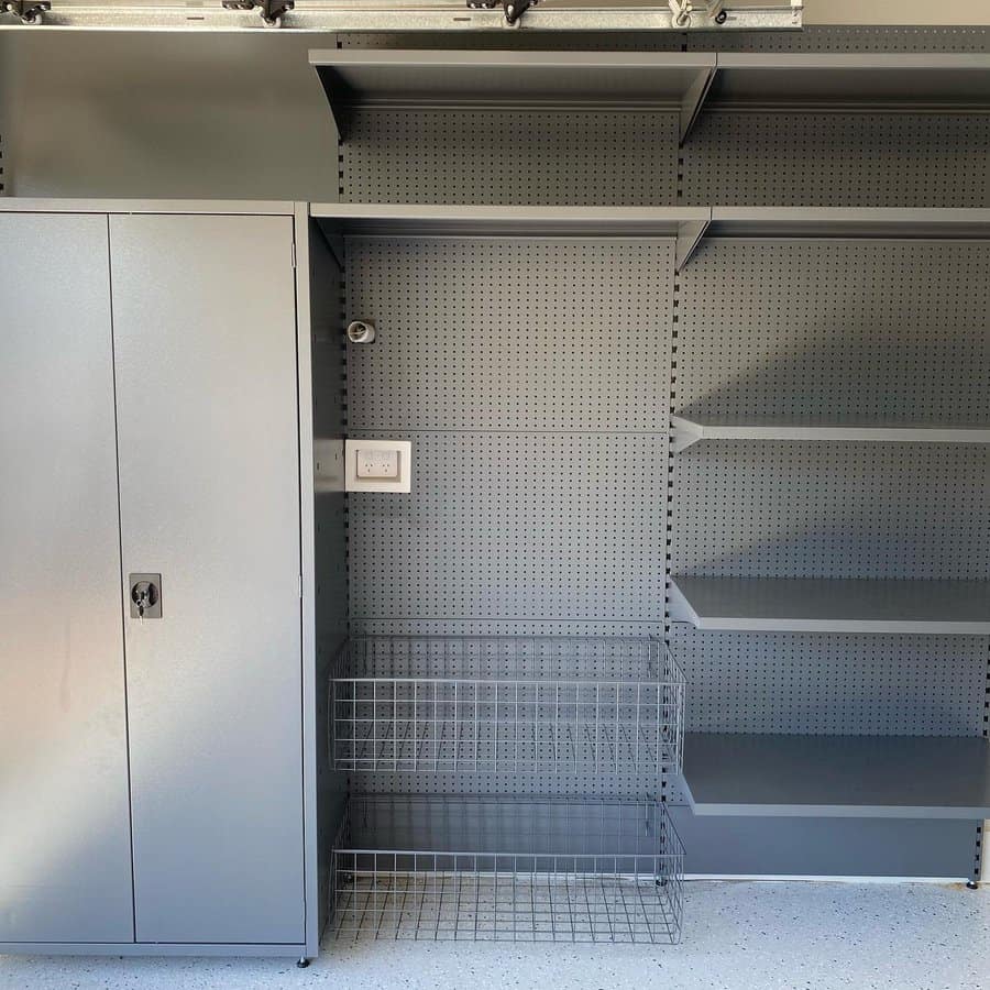 Grey pegboard with shelves and closet