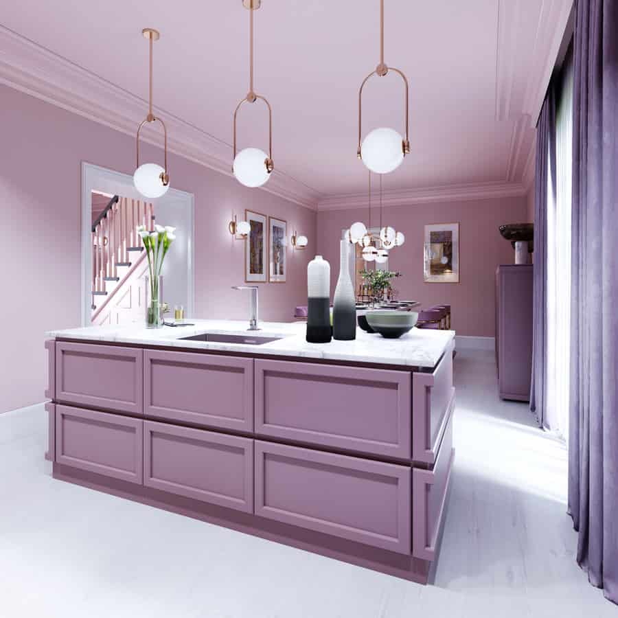 Modern Kitchen Island Pendant Lighting Ideas 2 Chic kitchen with lavender cabinetry and gold accents