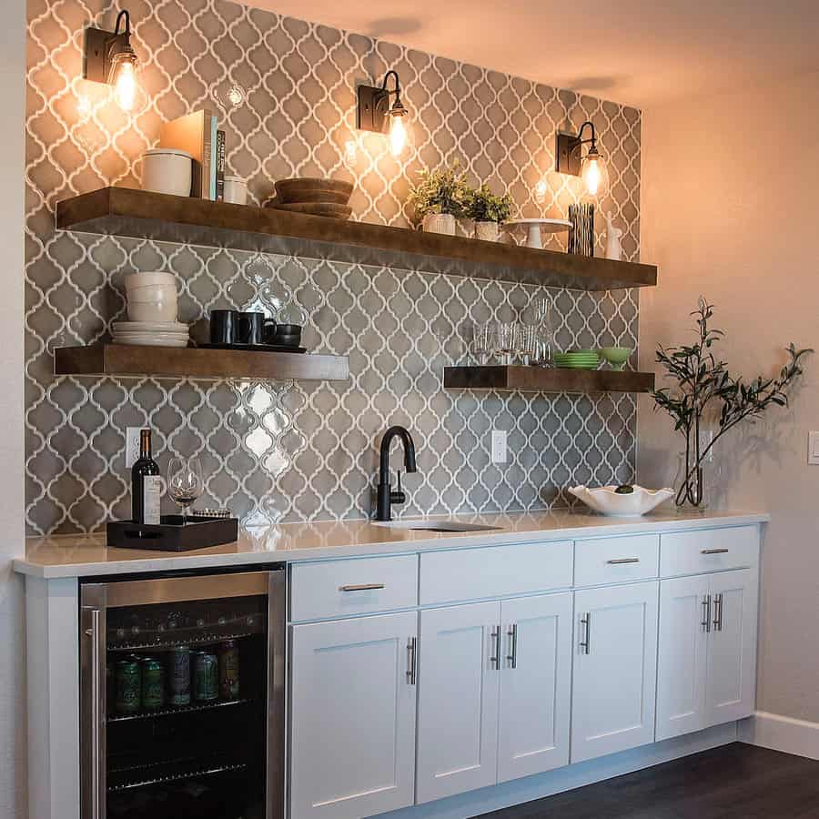Sleek kitchen with white cabinets and wine cooler