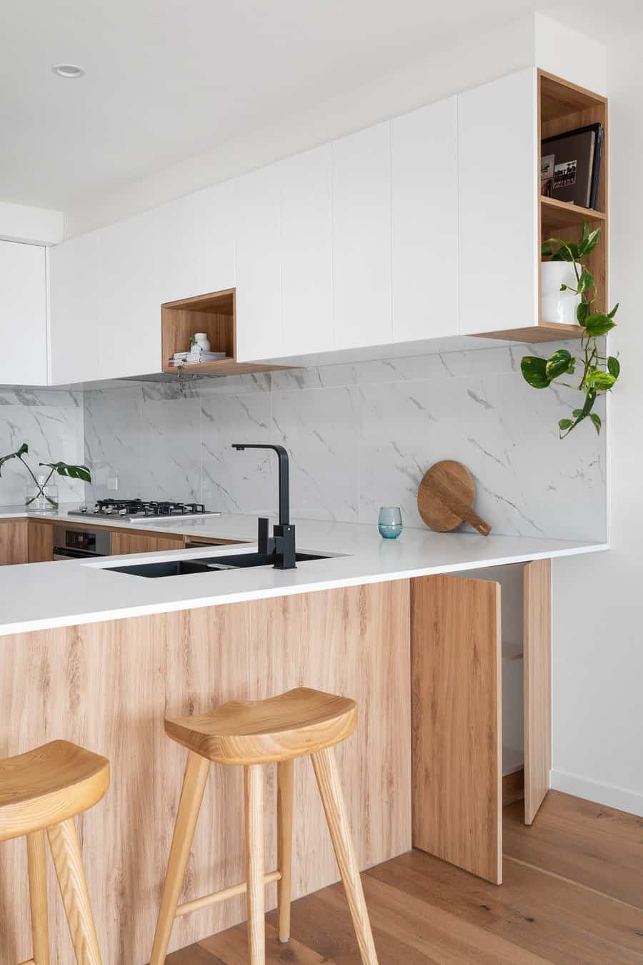 White cabinets with wood accents