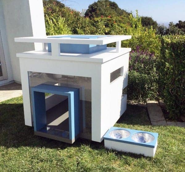Modern blue and white dog house with windows